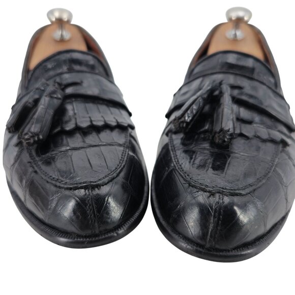 Vintage Belvedere Exotic Full Crocodile Black Dress Shoes Men 8.5 Tassel Loafer - Picture 10 of 12